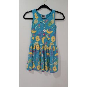 Vintage Hot Gossip Girls Fruit Print Drop Waist Dress Blue Size 10 Summer Retro